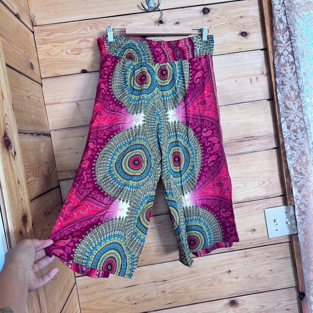 Wrap Pants Split Leg Mandala Paisley Womens One Size Pink Boho Festival Sanga